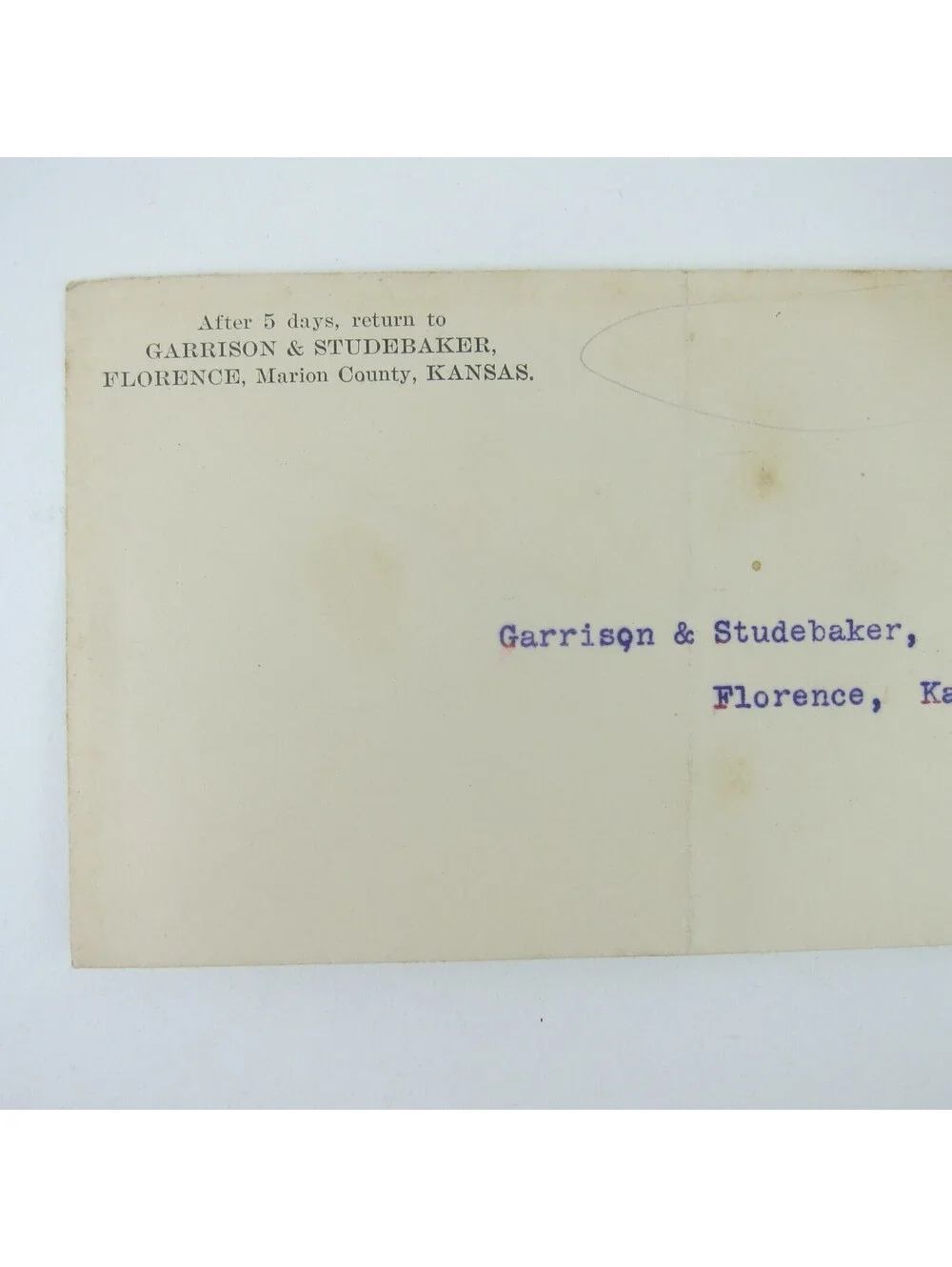 US Postal Stationery Garrison & Studebaker Florence Kansas 2 cent Antique